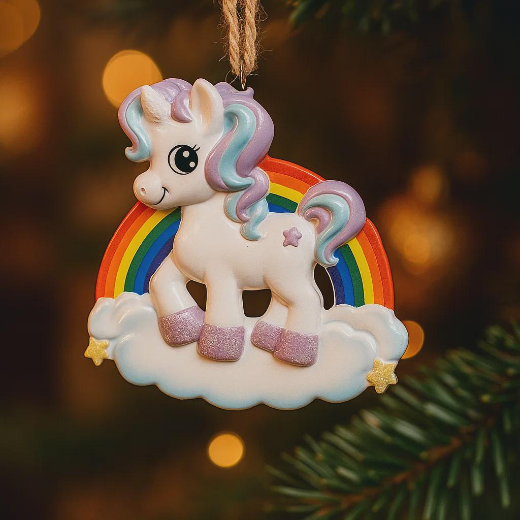 Unicorn ornament with rainbow on a blurred Christmas tree background