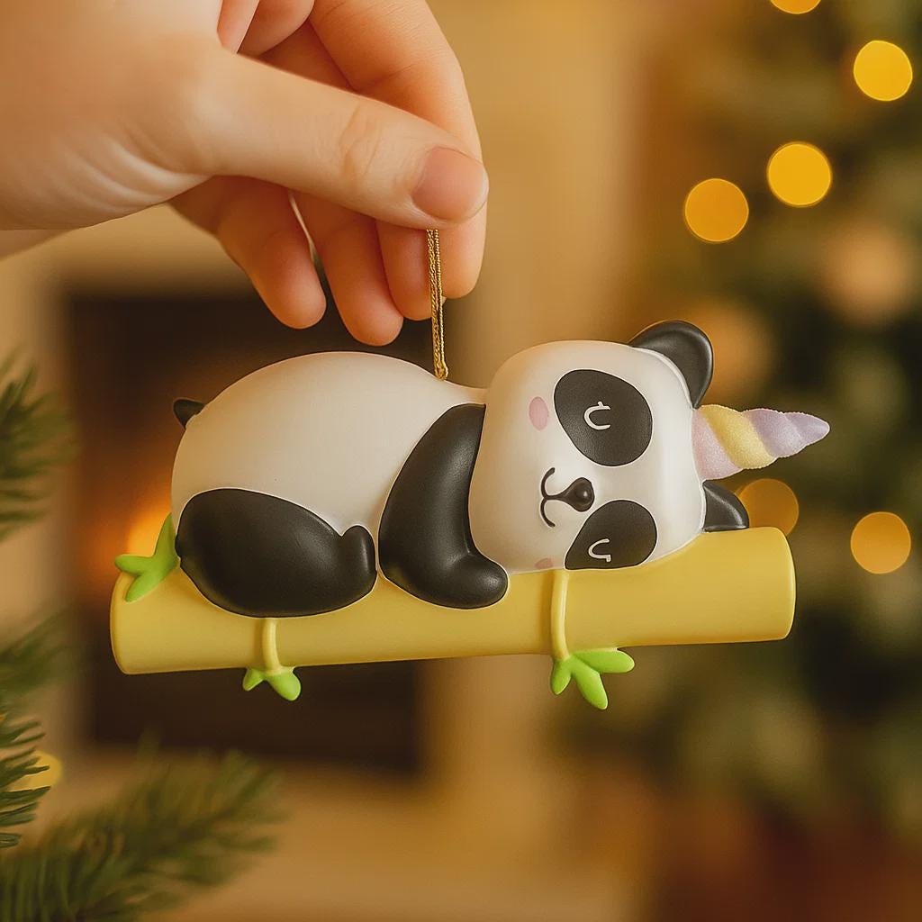 Fully 3D personalized unicorn panda Christmas ornament featuring a sleeping panda resting on a bamboo branch with a pastel unicorn horn. This ornament has a fully sculpted three dimensional front and back with no flat surfaces, creating a playful and premium look. Custom name and year are added by hand. Perfect for kids, panda lovers, unicorn fans, and whimsical holiday decor. A unique 3D keepsake for Christmas trees and seasonal displays.
