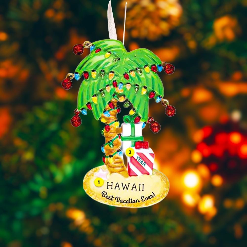 Decorative palm tree ornament with lights and 'Hawaii Best Vacation Ever!' text on a blurred Christmas tree background.