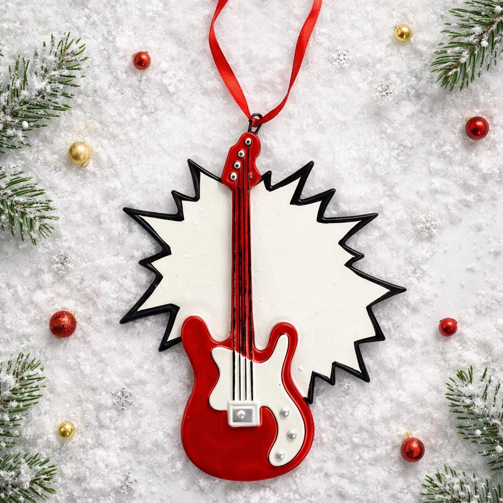 Red electric guitar ornament on a snowy background with Christmas decorations