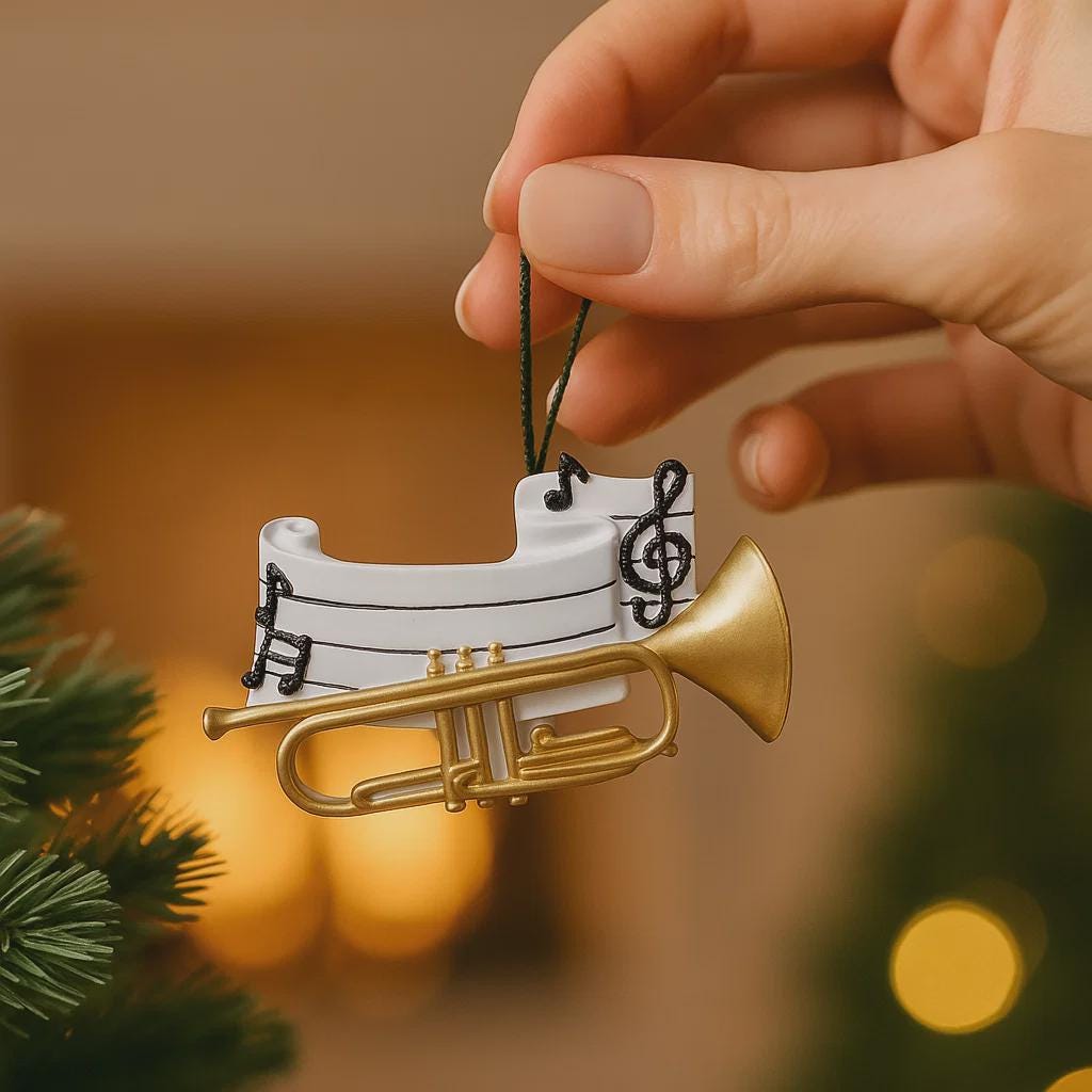 Personalized music ornament featuring a white musical staff design with black notes and a gold trumpet detail. Includes free handwritten personalization with one name and year written on the sheet music. Shown hanging with a ribbon in a warm festive holiday setting with soft lights instruments and seasonal decor. Designed with a 3D raised front and flat back perfect for Christmas tree display and gifts for musicians music lovers and band members.