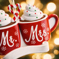 Load image into Gallery viewer, Romantic Mr and Mrs Christmas ornament featuring cozy hot cocoa cups design symbolizing love and togetherness. A perfect keepsake for newlyweds couples celebrating their first Christmas married. Ideal wedding gift holiday decor and meaningful seasonal ornament.

