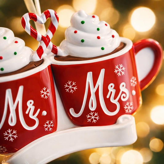 Romantic Mr and Mrs Christmas ornament featuring cozy hot cocoa cups design symbolizing love and togetherness. A perfect keepsake for newlyweds couples celebrating their first Christmas married. Ideal wedding gift holiday decor and meaningful seasonal ornament.
