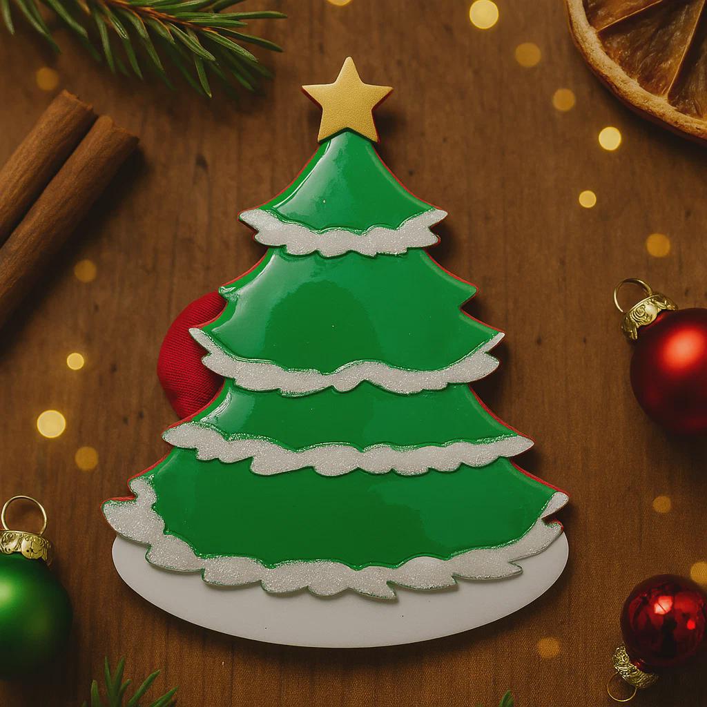 Decorative Christmas tree ornament on a wooden surface with festive decorations.