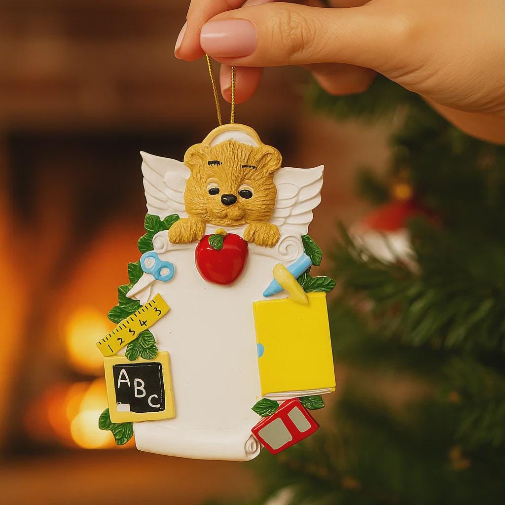 Decorative teacher angel ornament with a teddy bear holding an apple, surrounded by educational items, against a blurred Christmas tree background.