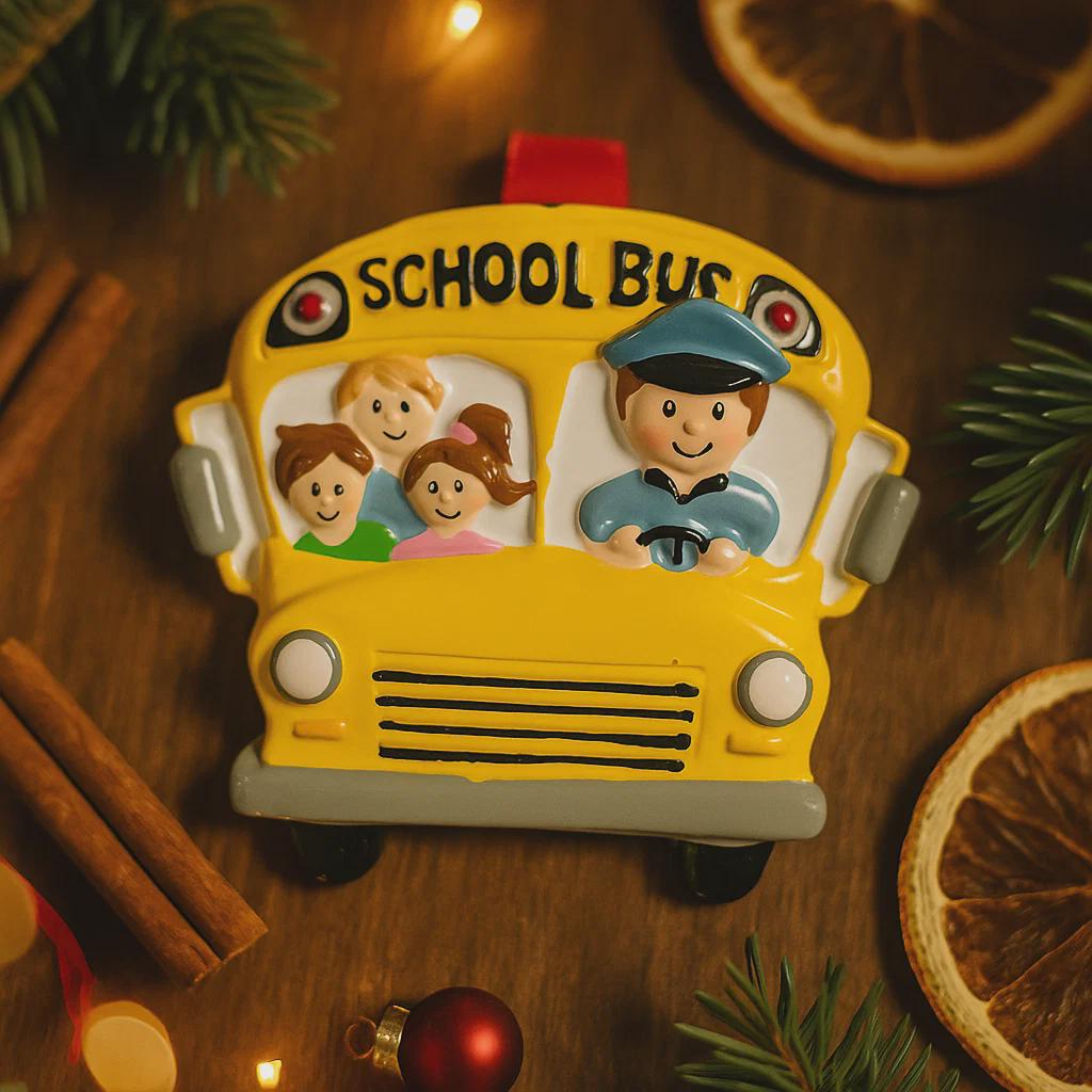 Decorative school bus ornament with children and a driver on a wooden surface with Christmas decorations.