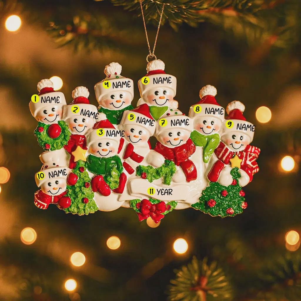 Personalized snowman family Christmas ornament with customizable names on a decorated tree.