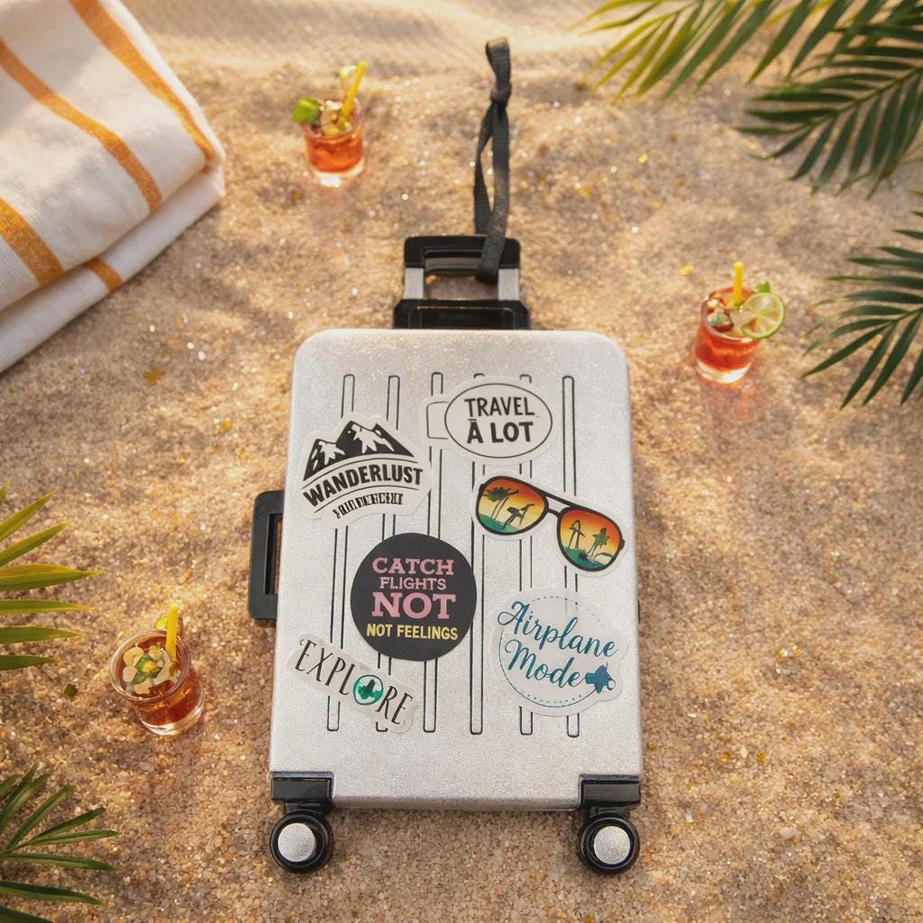 Travel-themed suitcase on a sandy surface with drinks and leaves