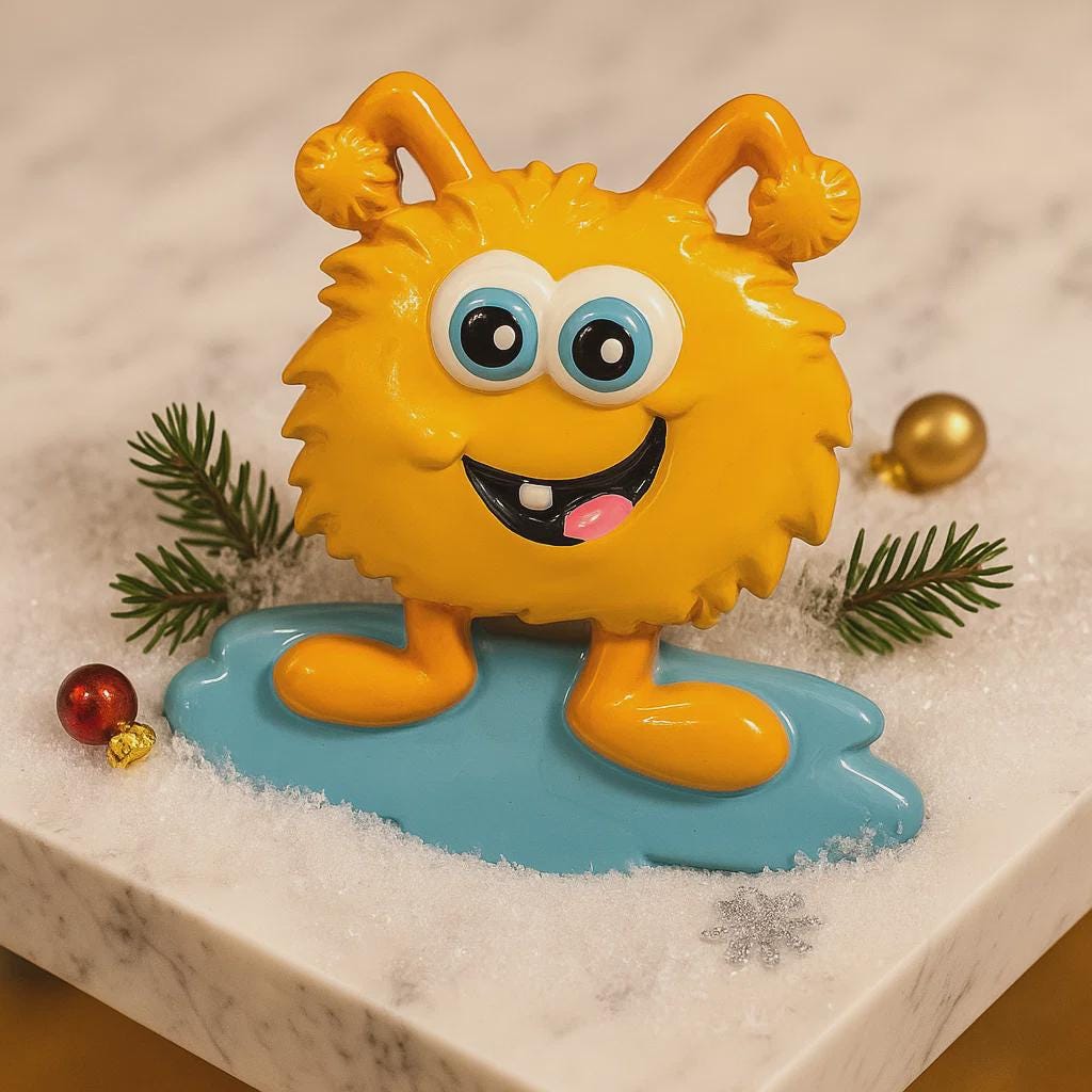 Yellow cartoon-like creature with blue shoes on a snowy surface with Christmas decorations.