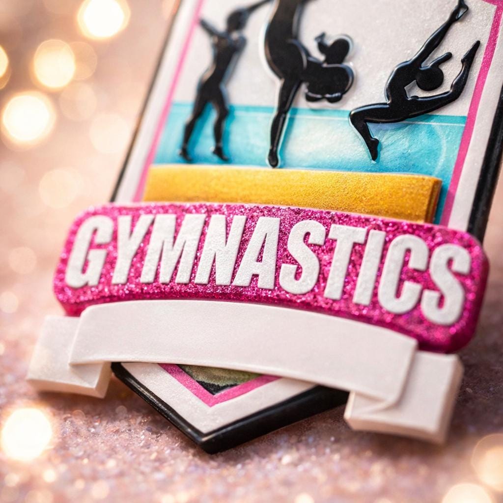 Personalized gymnastics Christmas ornament featuring elegant gymnast silhouette figures in motion, customizable name area on the front banner and customizable year area above the banner, glossy finish with raised 3D front details and flat 2D back, white hanging ribbon, displayed on a soft pink snowy holiday background with festive ornaments greenery and warm Christmas decor.
