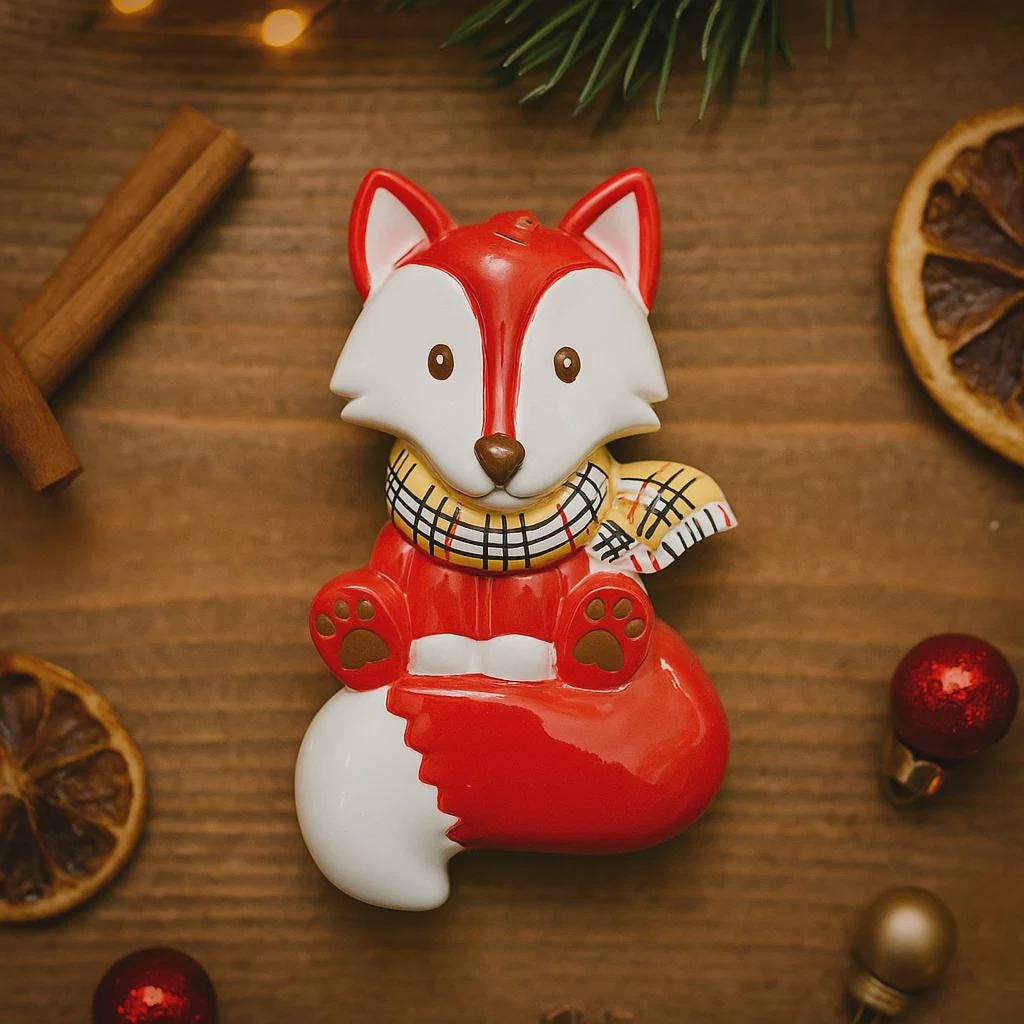 Fox-shaped candle with a checkered scarf on a wooden surface with cinnamon sticks and oranges.