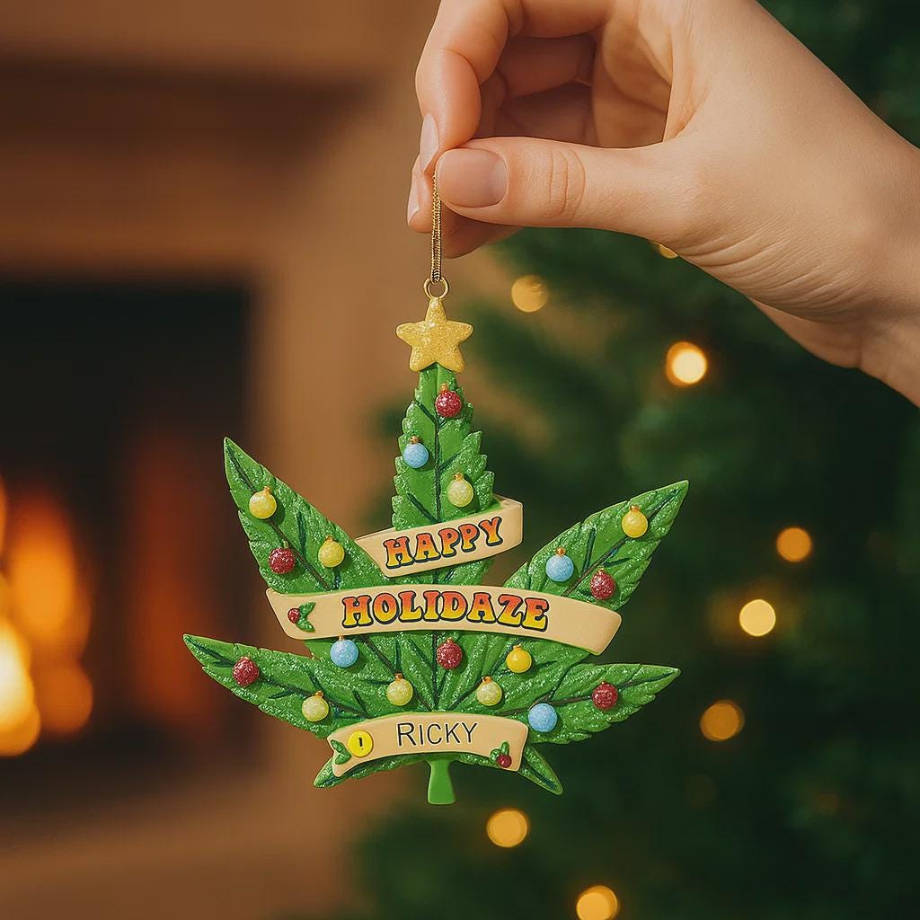 Green raised 3D leaf shaped ornament in bright green tones featuring sculpted front and back surfaces with dark green vein details a yellow star topper glitter accents cream ribbon banners for handwritten personalization name and year placement glossy painted resin finish lightweight hanging string and dimensional holiday tree decor style.
