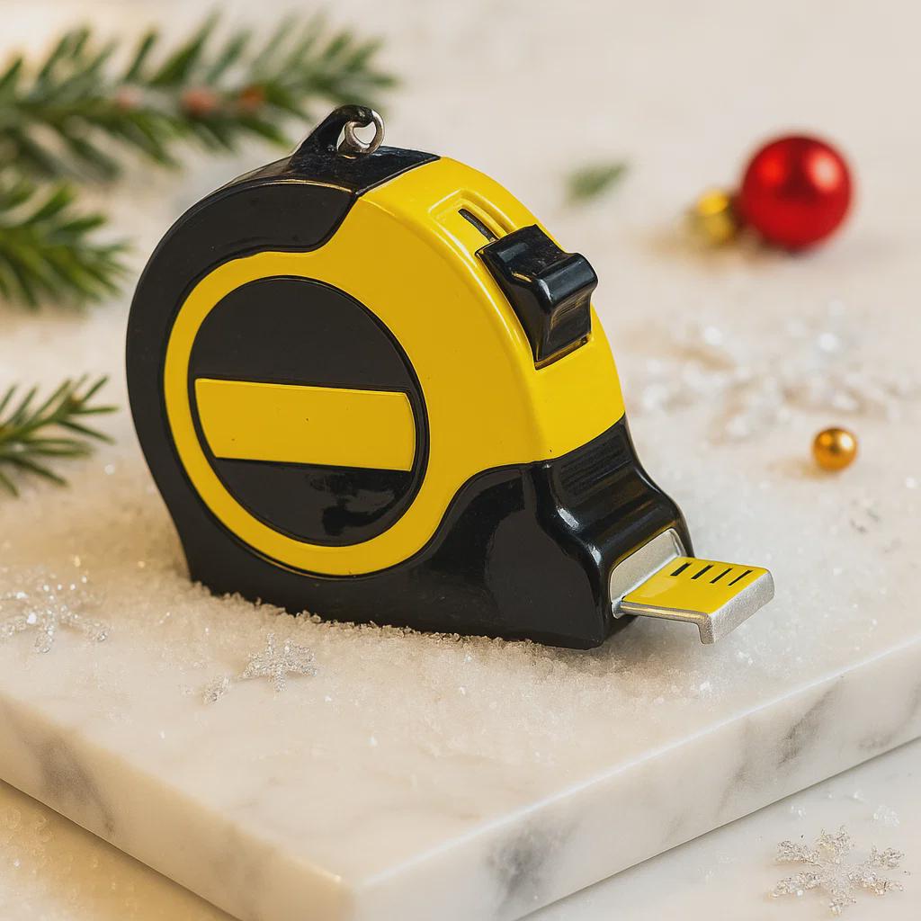 Yellow and black tape measure on a decorative surface with Christmas elements.