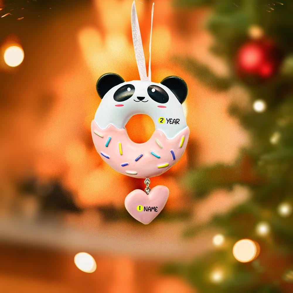 Personalized panda donut Christmas ornament with custom name and year, cute animal holiday tree decoration

