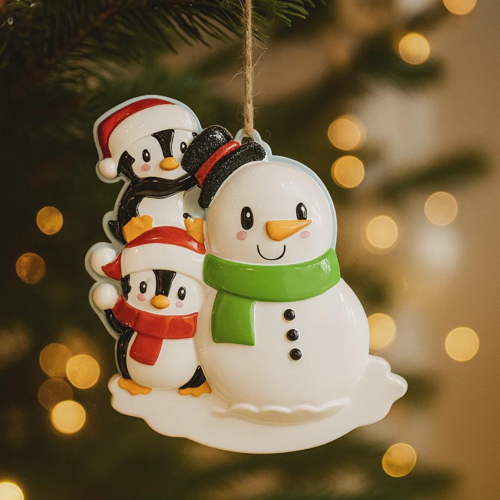 Christmas ornament with penguins and a snowman on a blurred Christmas tree background