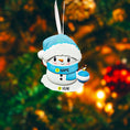 Load image into Gallery viewer, Personalized Snowman Baby Christmas Ornament featuring a cheerful snowman with blue glitter hat and scarf, holding a sparkling ornament. This design has a raised 3D front with textured details, dimensional elements, and vibrant winter colors. The child’s name is placed on the scarf and the year is added below. A perfect keepsake for baby’s first Christmas, newborn gift, winter holiday decoration, and meaningful family tree memory ornament.
