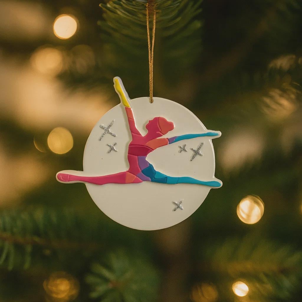Decorative ornament with a colorful figure on a Christmas tree