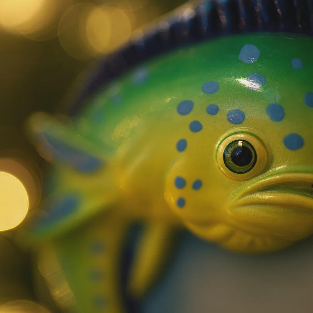 Close-up of a colorful fish-shaped object with blue spots on a blurred background