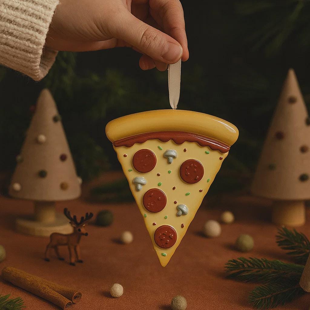 Pizza slice ornament being held above a festive scene with Christmas trees and decorations.
