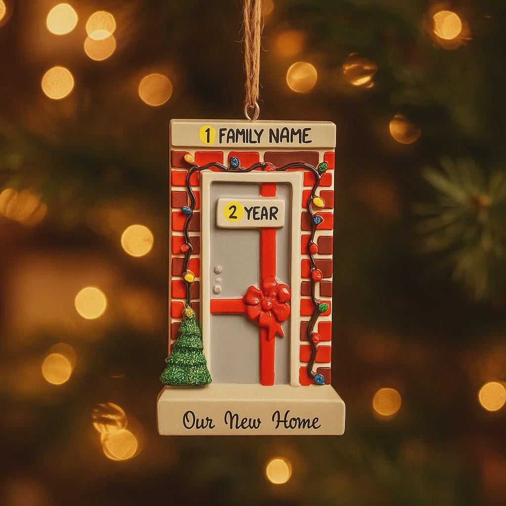 Decorative ornament with a door and tree, personalized with family name and year, against a blurred Christmas tree background.