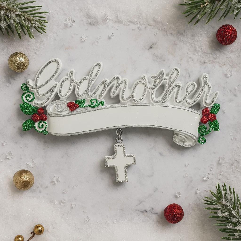 Decorative ornament with 'Godmother' text on a marble surface with Christmas decorations.