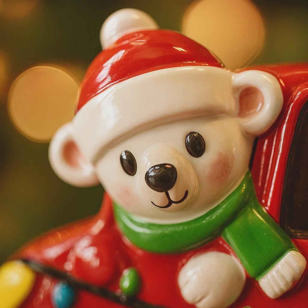 Personalized Christmas ornament featuring two polar bears wearing Santa hats riding in a red car decorated with colorful holiday lights. The ornament includes custom name personalization on each bear and a year displayed on the car. Designed with a detailed 3D raised front and smooth glossy finish, it is made for easy hanging on a Christmas tree. Perfect for festive holiday decor, couple ornaments, family keepsakes, and seasonal gift giving.