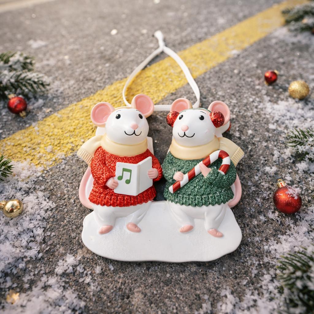Decorative Christmas ornament with two mice in sweaters on a snowy ground.