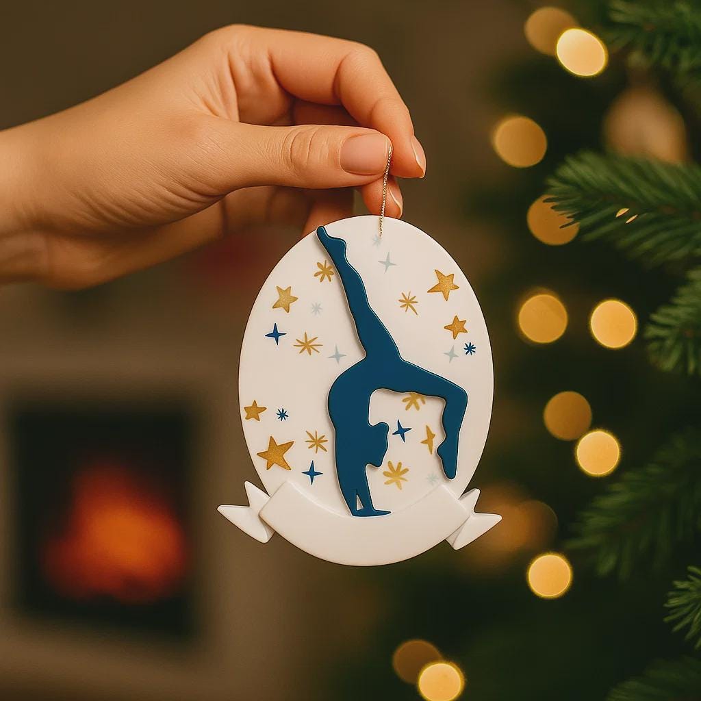 Personalized gymnastics Christmas ornament featuring an oval white design with a navy blue gymnast silhouette performing a handstand pose, surrounded by gold and blue star accents, customizable year displayed on the upper area, customizable name space on the bottom banner, smooth glossy finish with raised 3D front details and flat 2D back, white hanging ribbon, photographed on a soft pink snowy holiday background with winter greenery, festive ornaments, and warm seasonal styling.
