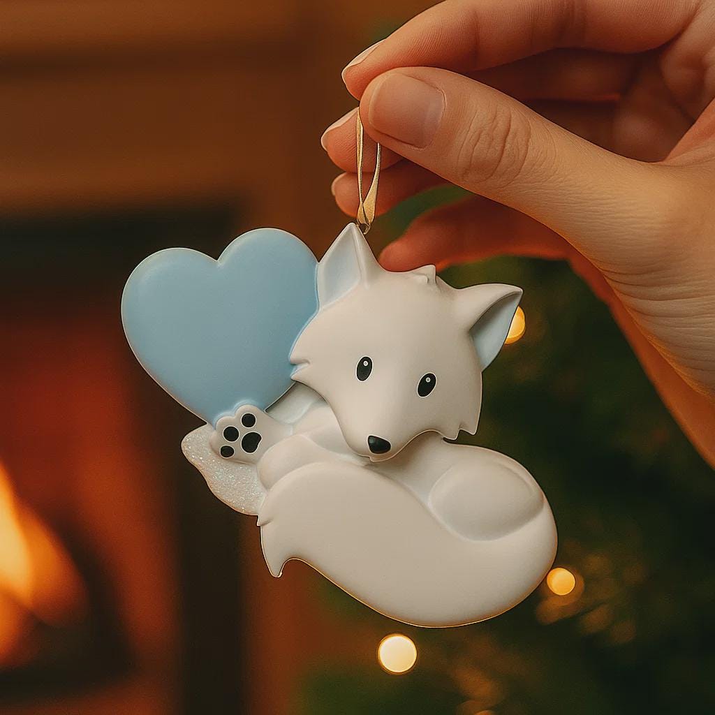 Decorative fox ornament with a heart on a blurred Christmas tree background