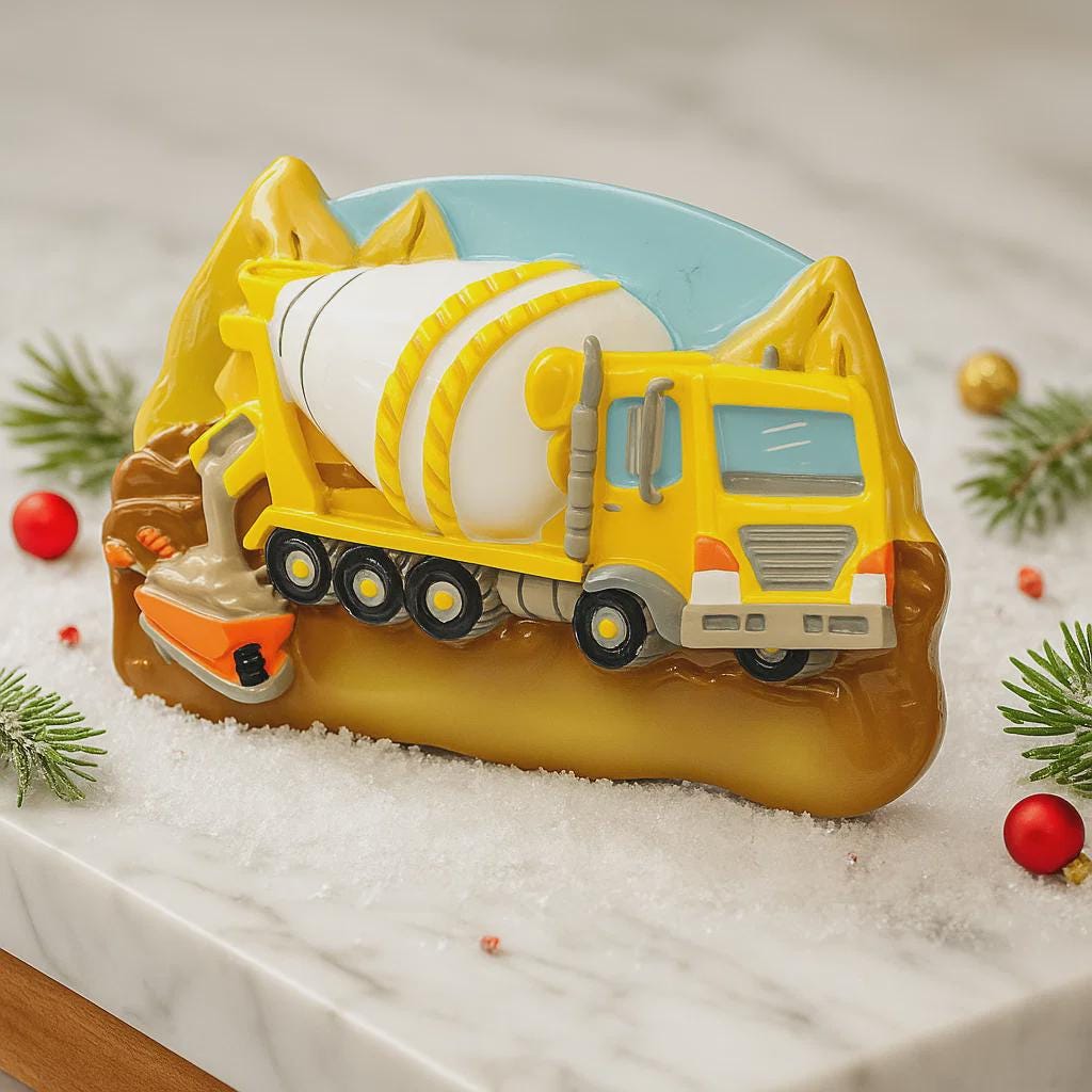 Personalized concrete mixer truck ornament for kids. Bright yellow cement truck Christmas decoration with custom name and year. Fun construction theme holiday decor for boys who love trucks, building toys, machinery and vehicles.
