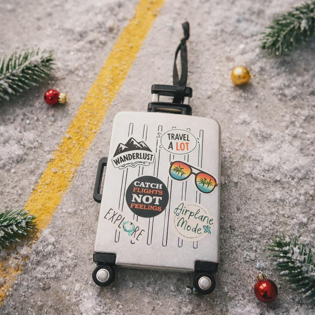 Suitcase with travel-themed design on a textured surface with Christmas decorations