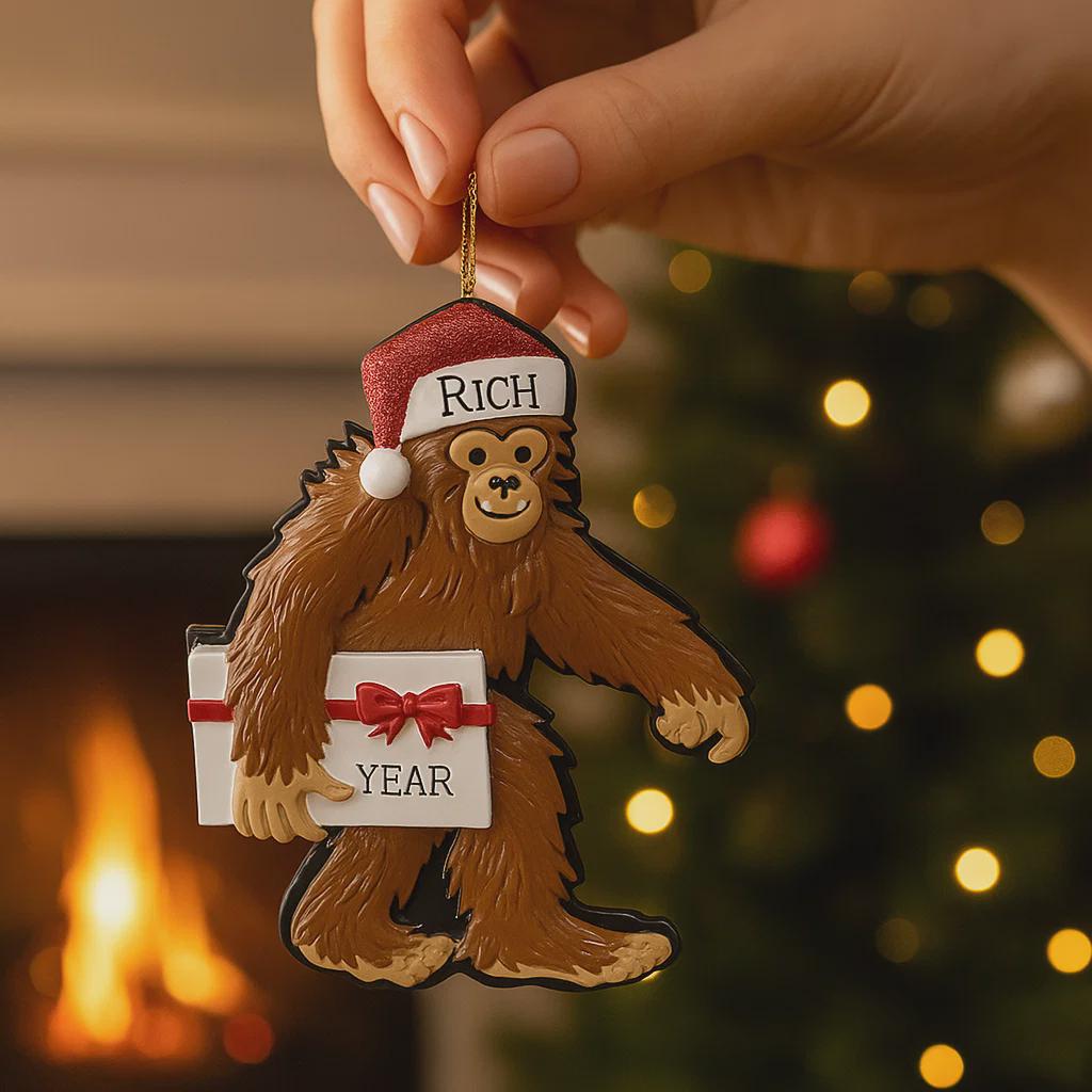 This playful Bigfoot Christmas ornament features a cheerful sasquatch character wearing a Santa hat and holding a gift, finished with a glossy surface that highlights the raised details and festive colors. The design brings a fun and whimsical holiday vibe, making it a standout decoration for Christmas trees, shelves, or seasonal displays, especially for Bigfoot lovers and collectors of unique holiday ornaments.