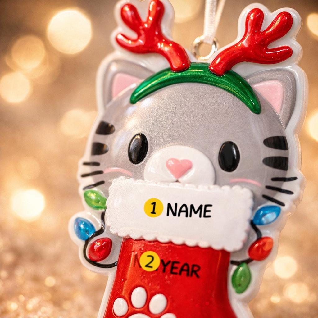 Christmas ornament of a cat with reindeer antlers and Santa hat on a blurred lights background