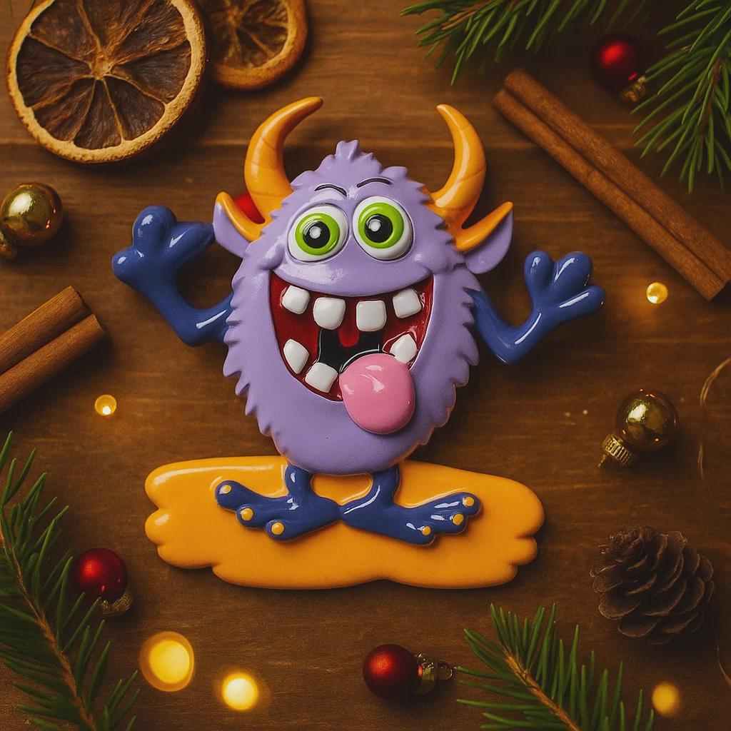 Colorful monster figurine on a wooden surface with Christmas decorations