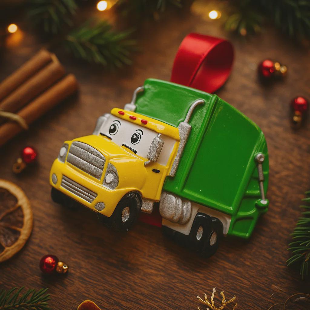 Cute personalized garbage truck ornament in green and yellow with animated truck face. Custom name and year option for kids who love trucks, garbage trucks, city vehicles and recycling themes. Perfect holiday tree decor for boys and toddlers obsessed with trucks. Bright colors, fun design, and adorable Christmas keepsake.