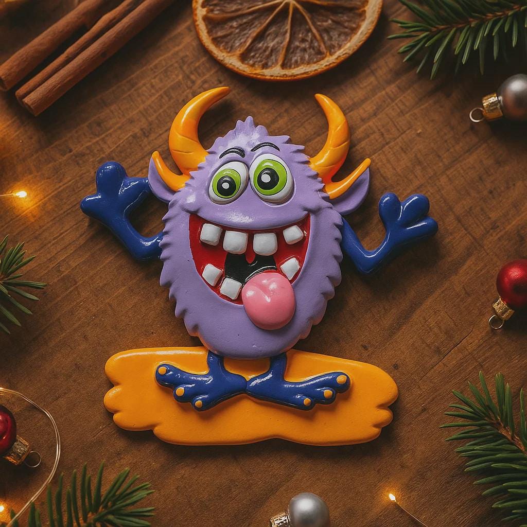Colorful monster-shaped bottle opener on a wooden surface with Christmas decorations.