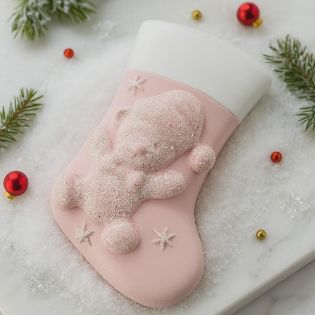 Pink bath bomb with bear ornament design on a snowy background with Christmas decorations