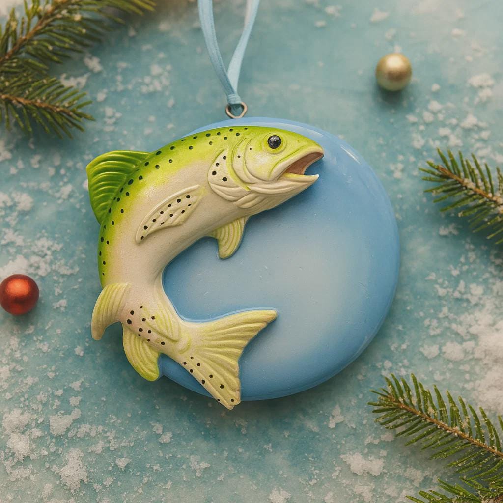 Decorative fish ornament on a textured blue background with Christmas decorations.