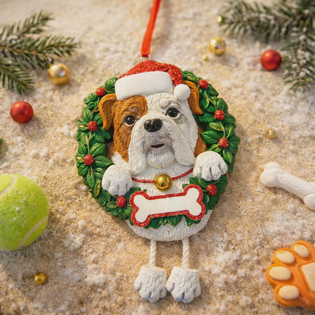 Dog Christmas ornament in a wreath with festive decorations on a sandy background