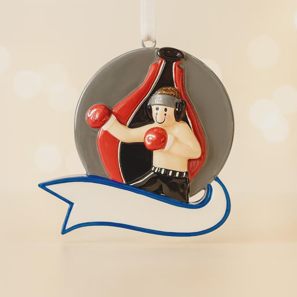 Decorative boxing ornament with a boxer figure on a beige background