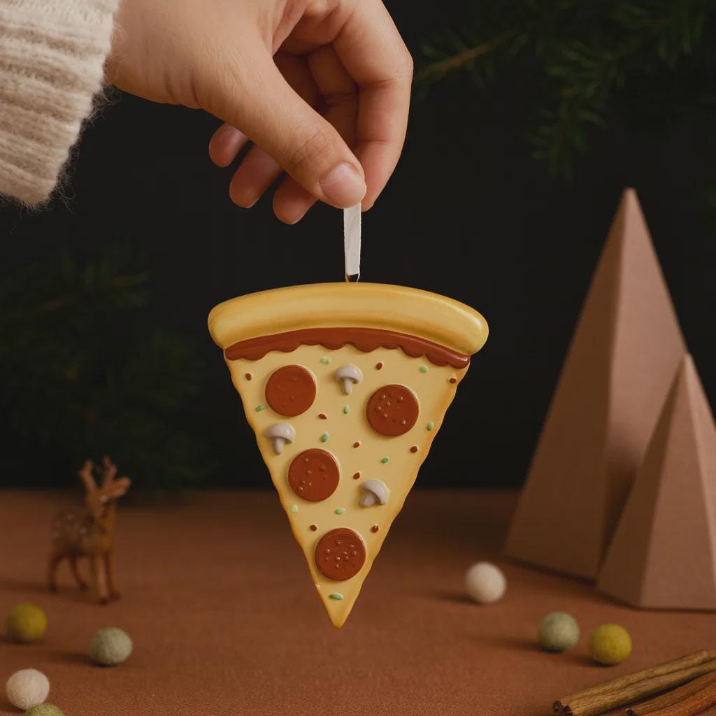 Pizza slice ornament held by a hand with Christmas decorations in the background