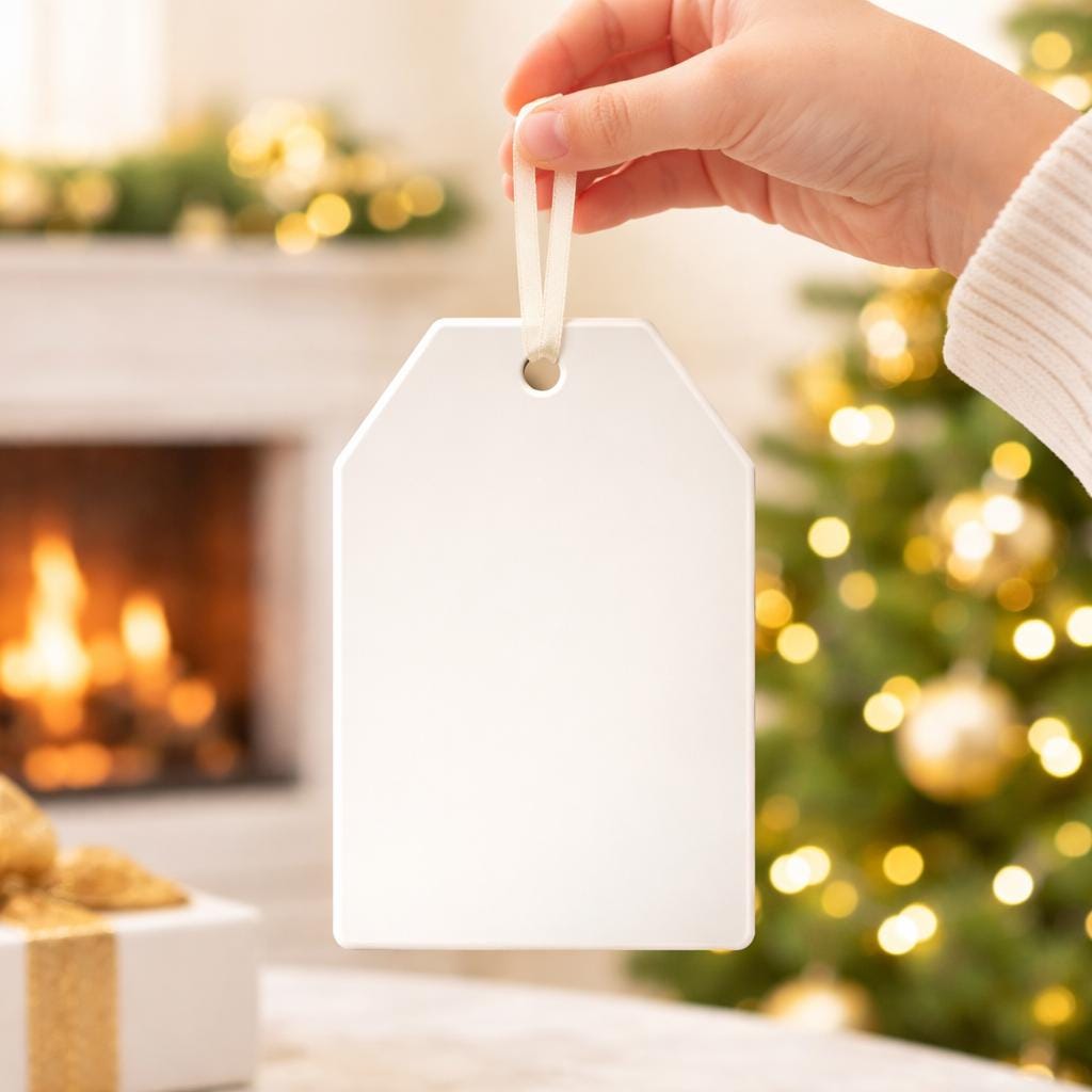  ornament held by a hand with a festive background of a fireplace and Christmas tree.
