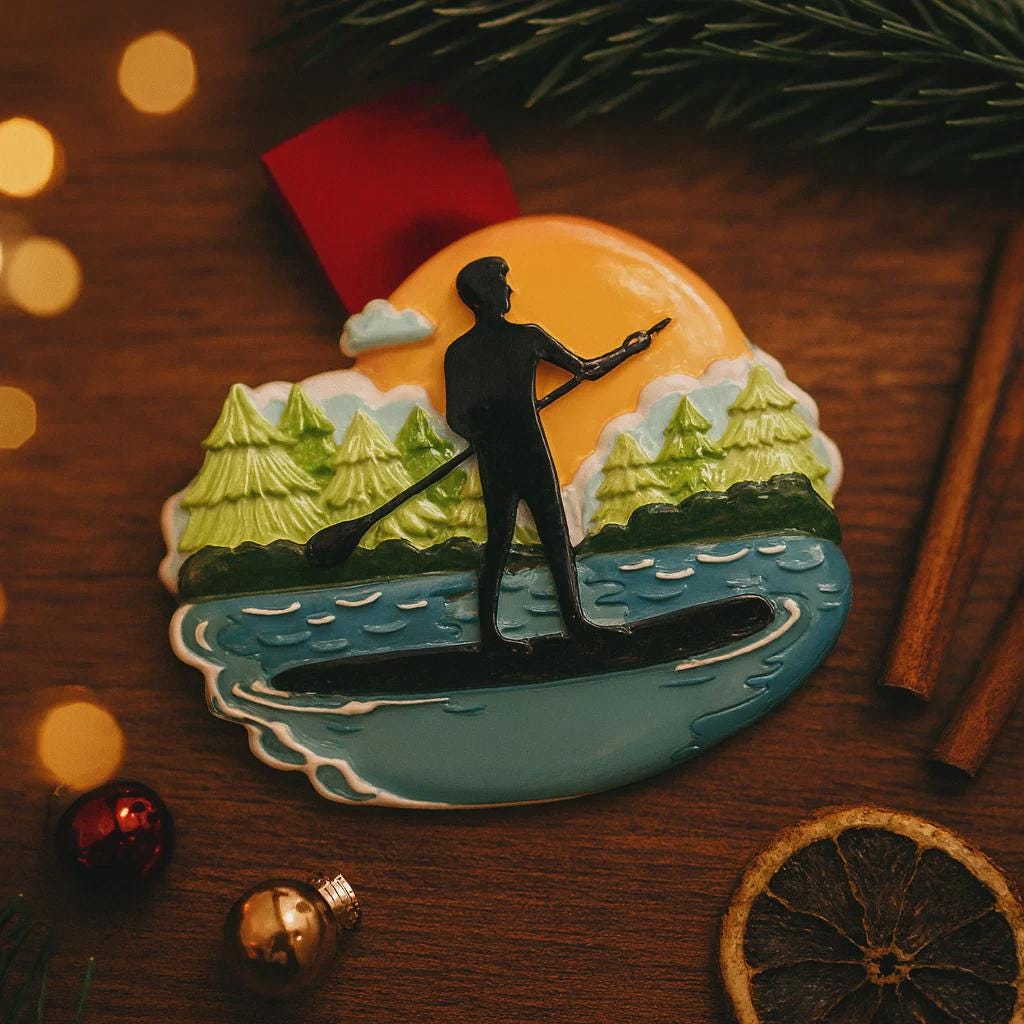 Decorative ornament of a person paddleboarding on water with trees and sunset, placed on a wooden surface.