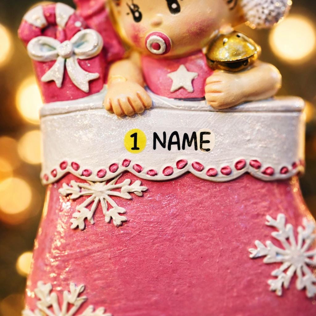 Personalized Baby Girl Christmas Ornament featuring a sweet baby in a pink stocking with raised 3D front details and textured snowflake accents. The name is added on the hat and the year on the stocking, creating a meaningful newborn keepsake. Soft pink tones, holiday elements, and dimensional design make it perfect for baby’s first Christmas, baby girl gift, and special family memory ornament for the tree.