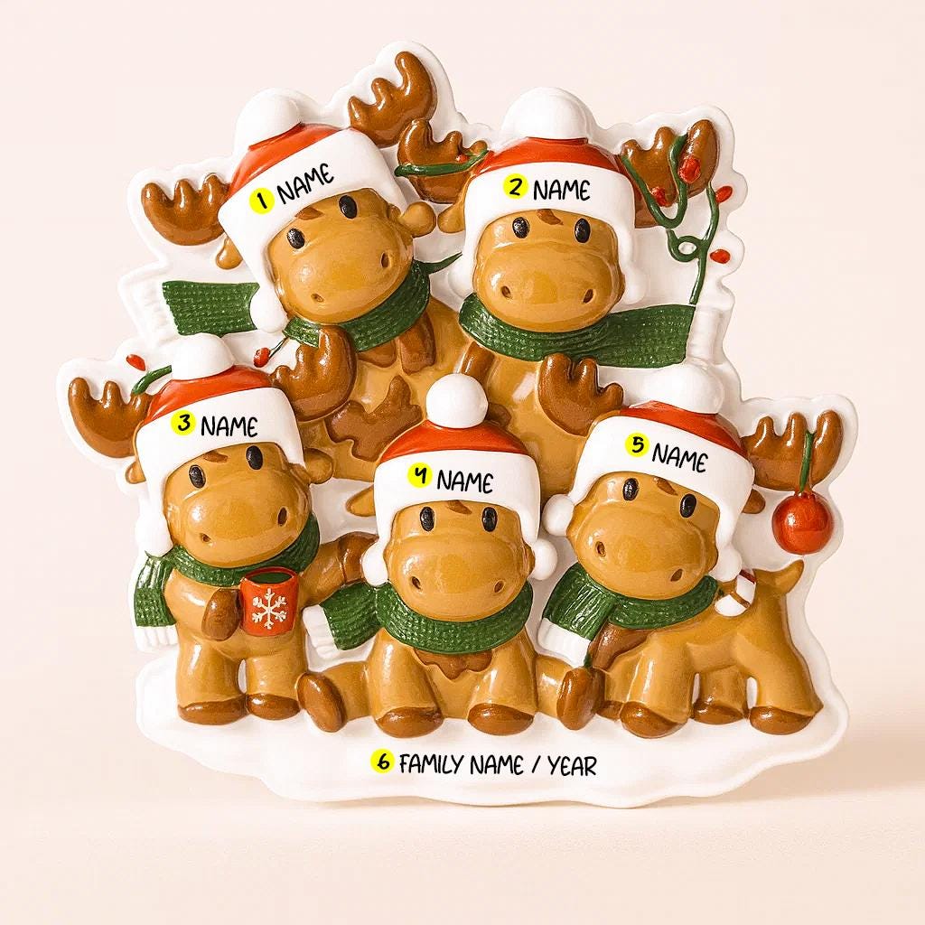 Set of reindeer-shaped ornaments with customizable names on a beige background