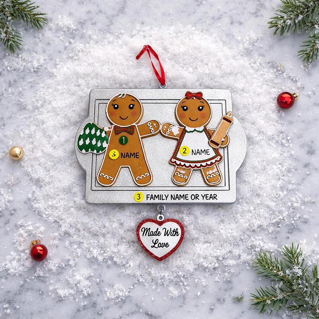 Decorative Christmas ornament with gingerbread people on a snowy background
