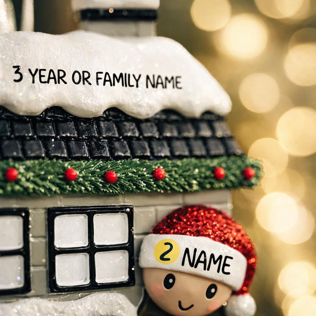 Personalized Christmas house ornament featuring a cozy winter home decorated with snow, wreaths, garlands, and festive details. Two smiling characters wearing Santa hats peek from the front, each customizable with a name, while the roof displays a year or family name. Designed with a detailed 3D raised front and smooth finish, this ornament is perfect for Christmas tree decor, family keepsakes, new home celebrations, and holiday gifting.

