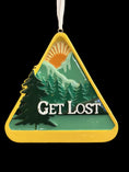 Load image into Gallery viewer, Decorative ornament with a mountain and tree design and 'Get Lost' text on a yellow triangle.
