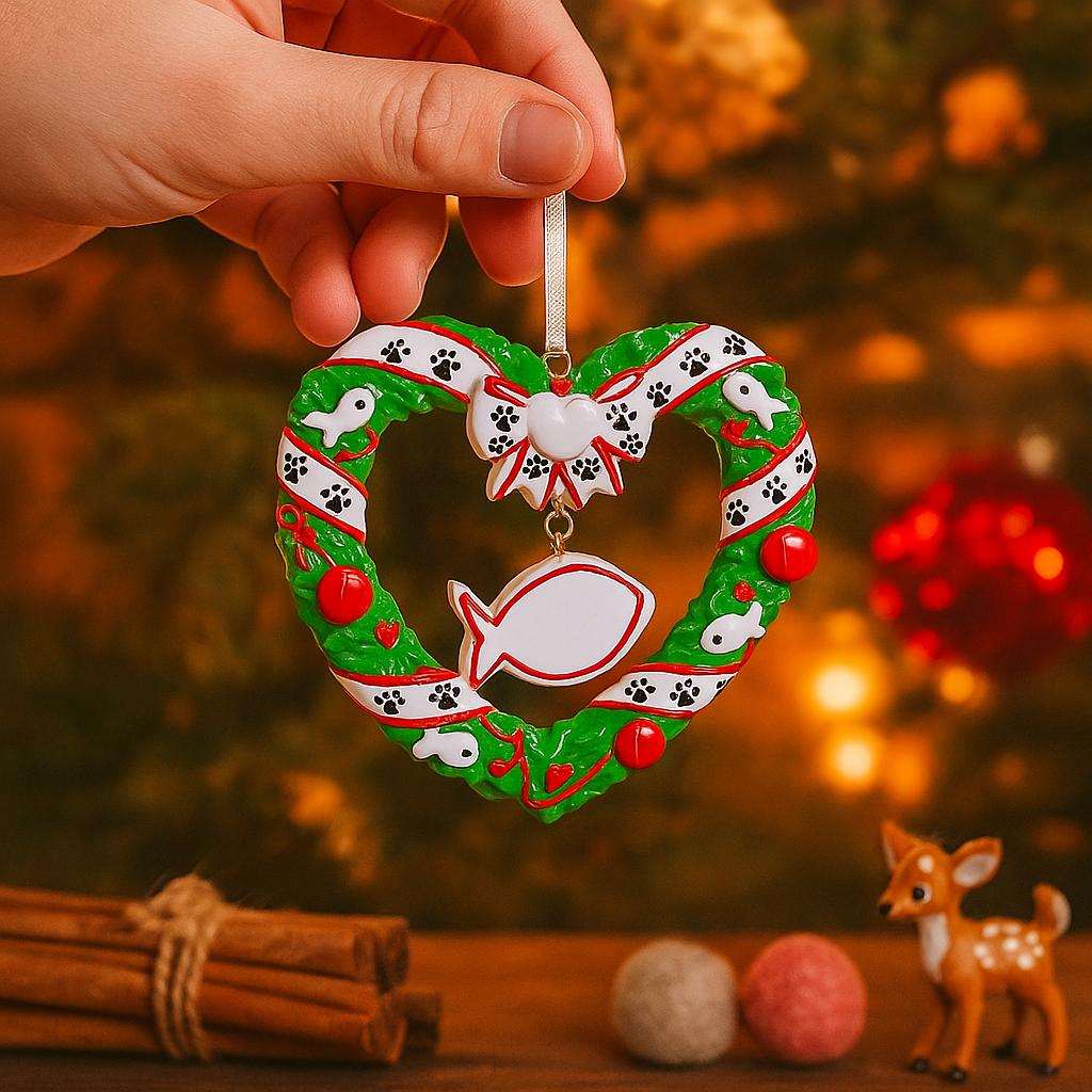 Personalized kitty Christmas ornament designed as a festive heart shaped wreath decorated with cat paw prints fish details and cozy holiday accents. The ornament includes a hanging heart tag that can be personalized with your cat’s name and year. Styled in a warm Christmas setting with soft snow texture and festive colors making it perfect for cat lovers holiday decor cat memorial keepsake and Christmas tree display.