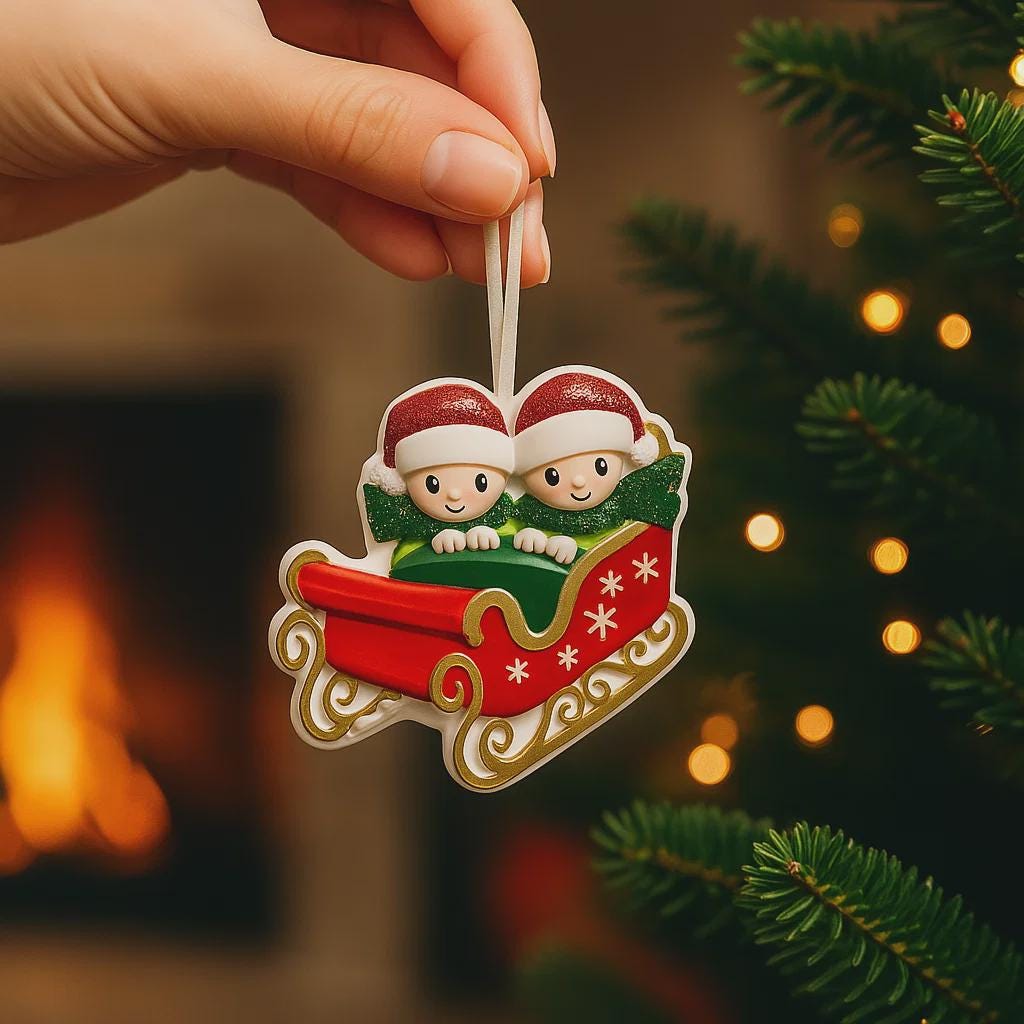 Personalized couple ornament featuring two characters sitting together in a festive sleigh design. This romantic Christmas ornament can be customized with two names and a year or family name, making it perfect for couples, partners, spouses, fiancés, or loved ones. Ideal for celebrating love, togetherness, Valentine’s Day, anniversaries, or first holidays together. A meaningful keepsake for couples who want to turn shared moments into lasting holiday memories.
